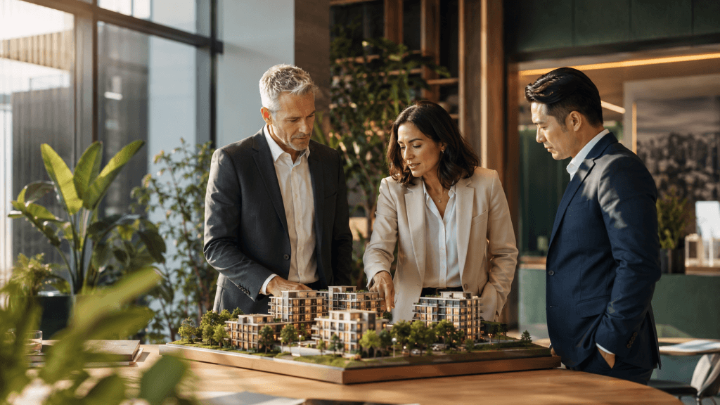 Luxet Homez leadership team reviewing an architectural model