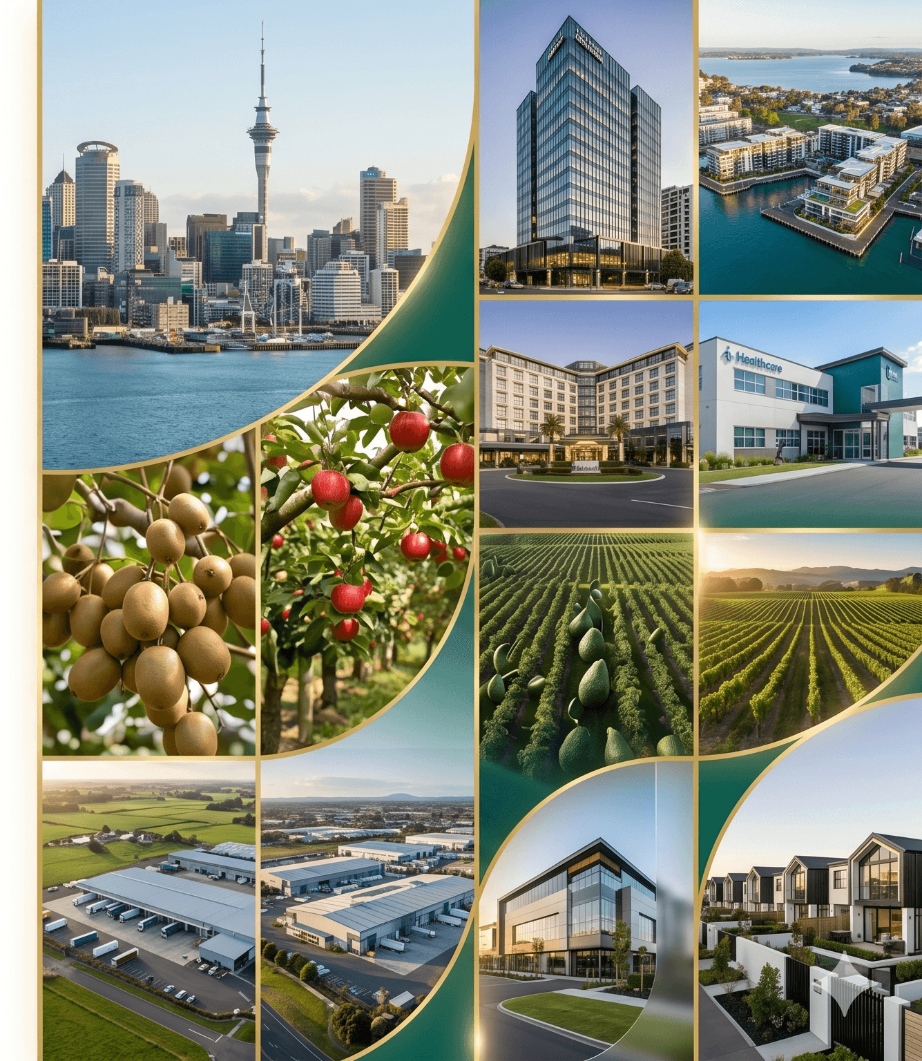 A collage of New Zealand investment scenes — Auckland skyline, modern commercial buildings, orchards, vineyards, and luxury homes.